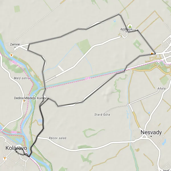 Map miniature of "Historic Road Loop: Kolárovo to Komoča" cycling inspiration in Západné Slovensko, Slovakia. Generated by Tarmacs.app cycling route planner