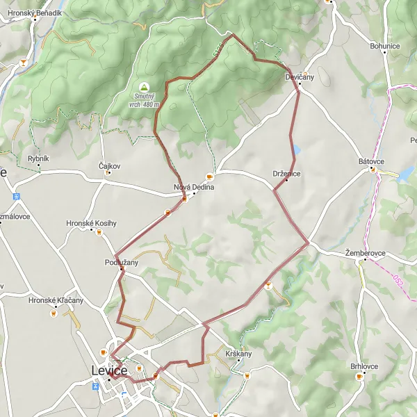 Mapa miniatúra "Gravelový výlet na Kusú horu" cyklistická inšpirácia v Západné Slovensko, Slovakia. Vygenerované cyklistickým plánovačom trás Tarmacs.app