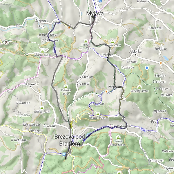 Map miniature of "Brezová Pod Bradlom Loop" cycling inspiration in Západné Slovensko, Slovakia. Generated by Tarmacs.app cycling route planner