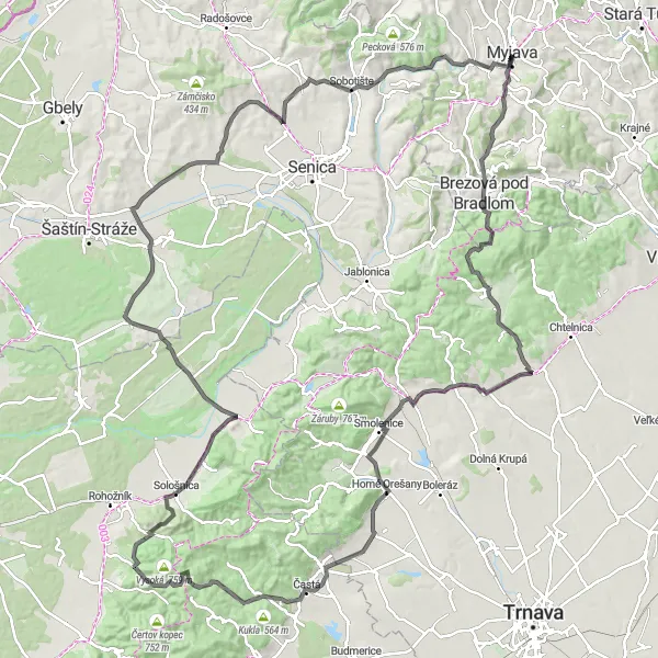 Map miniature of "Myjava to Smolenice Road Route" cycling inspiration in Západné Slovensko, Slovakia. Generated by Tarmacs.app cycling route planner