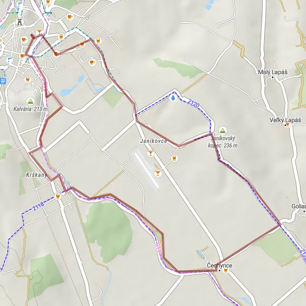 Map miniature of "Scenic Gravel Ride to Janíkovský Kopec" cycling inspiration in Západné Slovensko, Slovakia. Generated by Tarmacs.app cycling route planner