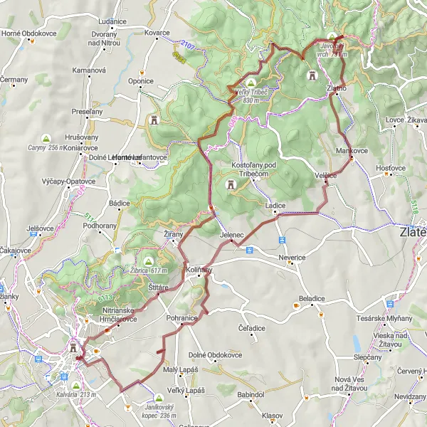 Mapa miniatúra "Gravel v kopcoch Západného Slovenska" cyklistická inšpirácia v Západné Slovensko, Slovakia. Vygenerované cyklistickým plánovačom trás Tarmacs.app