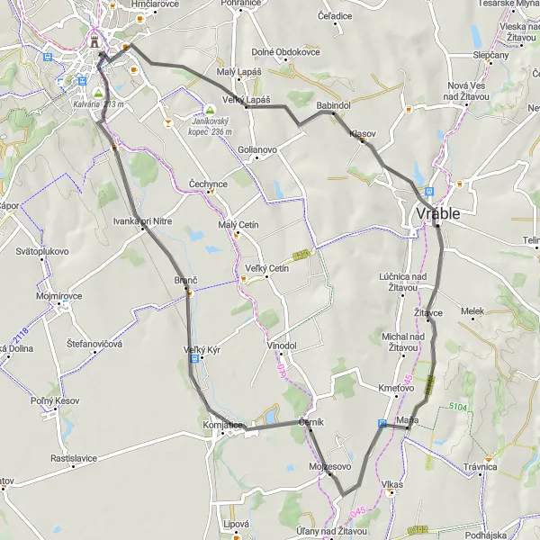 Map miniature of "Nitra Countryside Tour" cycling inspiration in Západné Slovensko, Slovakia. Generated by Tarmacs.app cycling route planner