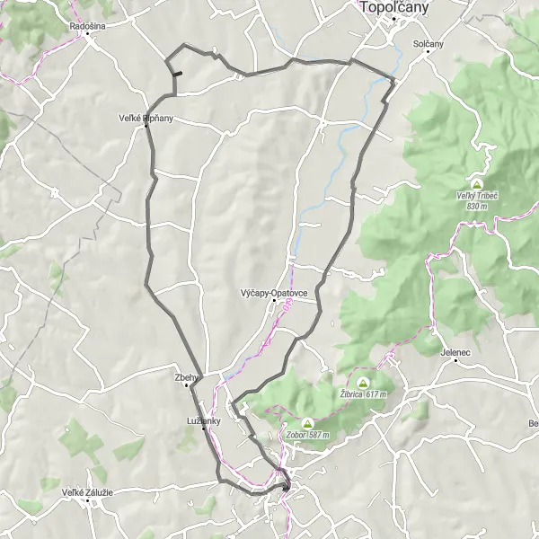 Mapa miniatúra "Road cyklotrasa okolo Nitry" cyklistická inšpirácia v Západné Slovensko, Slovakia. Vygenerované cyklistickým plánovačom trás Tarmacs.app