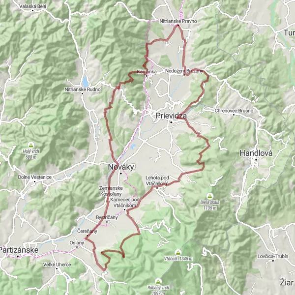 Map miniature of "Vtáčnik Gravel Adventure" cycling inspiration in Západné Slovensko, Slovakia. Generated by Tarmacs.app cycling route planner
