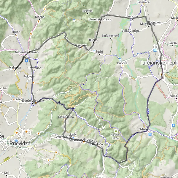 Map miniature of "The Northern Escape" cycling inspiration in Západné Slovensko, Slovakia. Generated by Tarmacs.app cycling route planner