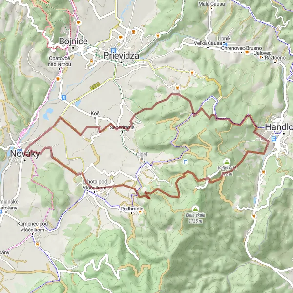 Miniaturní mapa "Gravelová cyklistická trasa kolem Novák" inspirace pro cyklisty v oblasti Západné Slovensko, Slovakia. Vytvořeno pomocí plánovače tras Tarmacs.app