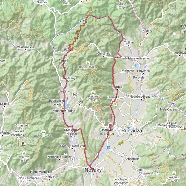 Map miniature of "Gravel Route from Nováky to Nitrianske Rudno" cycling inspiration in Západné Slovensko, Slovakia. Generated by Tarmacs.app cycling route planner