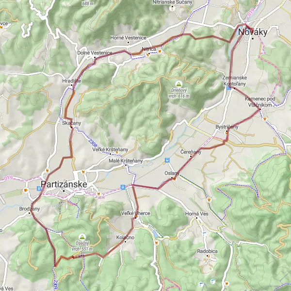 Map miniature of "Vtáčnik Gravel Challenge" cycling inspiration in Západné Slovensko, Slovakia. Generated by Tarmacs.app cycling route planner