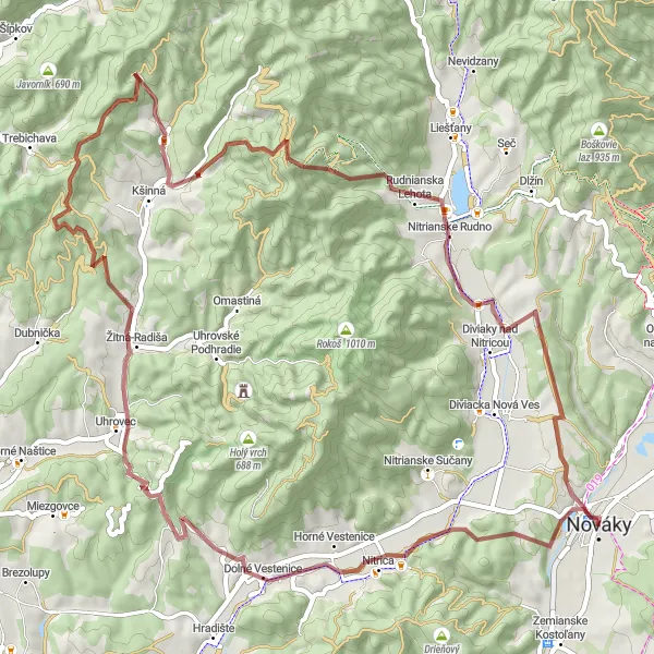 Map miniature of "Off-road Adventure near Nováky" cycling inspiration in Západné Slovensko, Slovakia. Generated by Tarmacs.app cycling route planner