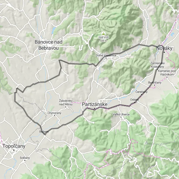 Map miniature of "Kostoľany Escape" cycling inspiration in Západné Slovensko, Slovakia. Generated by Tarmacs.app cycling route planner