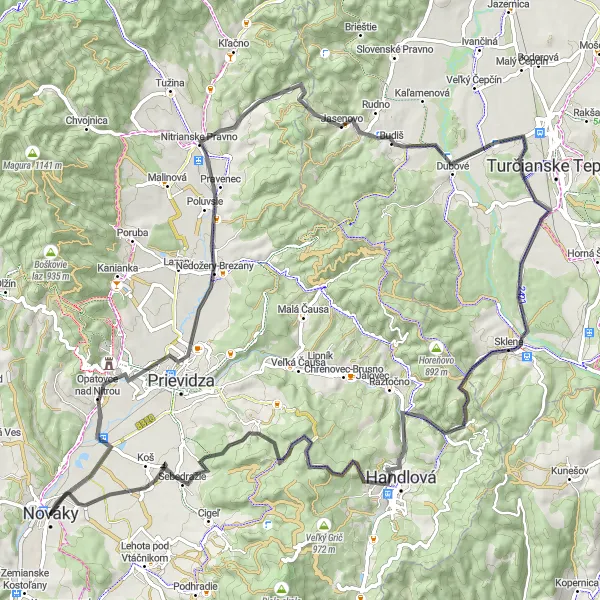 Miniaturní mapa "Road cesta Bojnice - Koš" inspirace pro cyklisty v oblasti Západné Slovensko, Slovakia. Vytvořeno pomocí plánovače tras Tarmacs.app