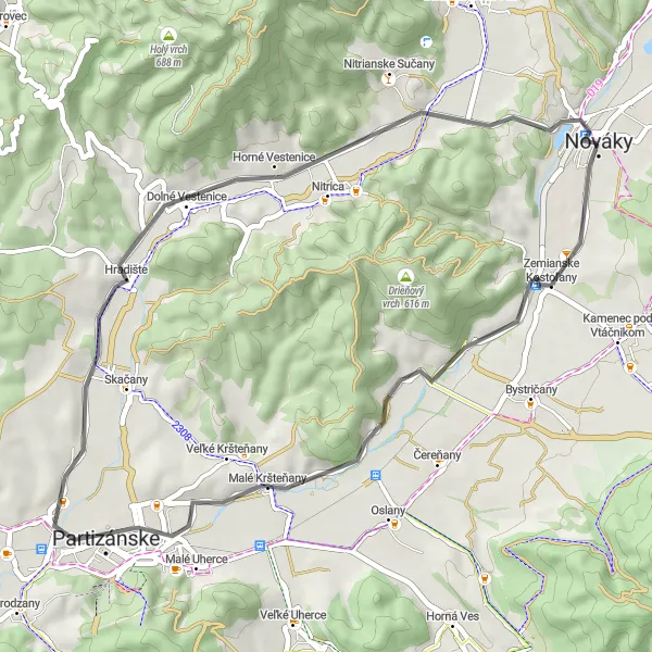 Map miniature of "Nováky - Zemianske Kostoľany - Olovenec - Partizánske - Dolné Vestenice - Horné Lelovce" cycling inspiration in Západné Slovensko, Slovakia. Generated by Tarmacs.app cycling route planner