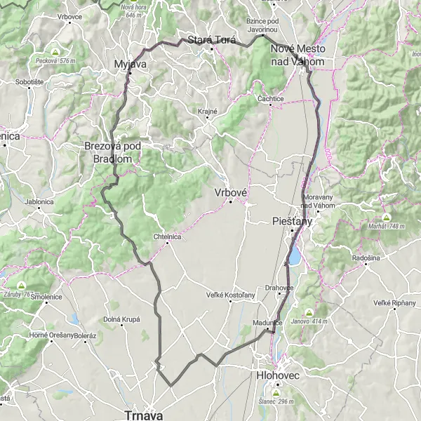 Map miniature of "Nové Mesto Road Expedition" cycling inspiration in Západné Slovensko, Slovakia. Generated by Tarmacs.app cycling route planner