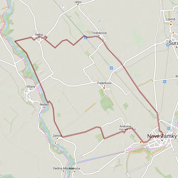 Mapa miniatúra "Gravel trasa cez Andovce a Selice" cyklistická inšpirácia v Západné Slovensko, Slovakia. Vygenerované cyklistickým plánovačom trás Tarmacs.app