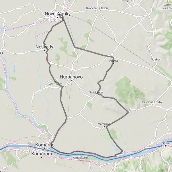Map miniature of "Southern Circuit" cycling inspiration in Západné Slovensko, Slovakia. Generated by Tarmacs.app cycling route planner