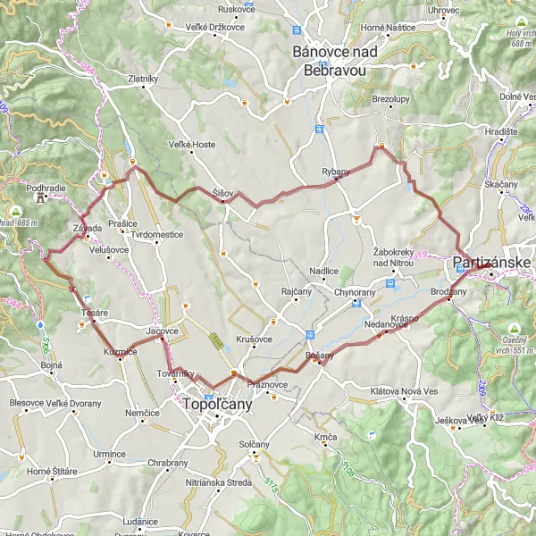 Map miniature of "Partizánske to Veľké Bielice Gravel Adventure" cycling inspiration in Západné Slovensko, Slovakia. Generated by Tarmacs.app cycling route planner