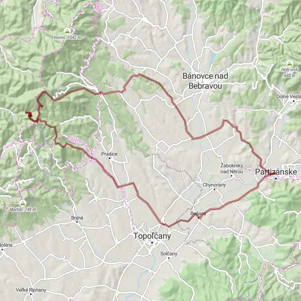 Map miniature of "Partizánske to Veľké Bielice Gravel Adventure" cycling inspiration in Západné Slovensko, Slovakia. Generated by Tarmacs.app cycling route planner