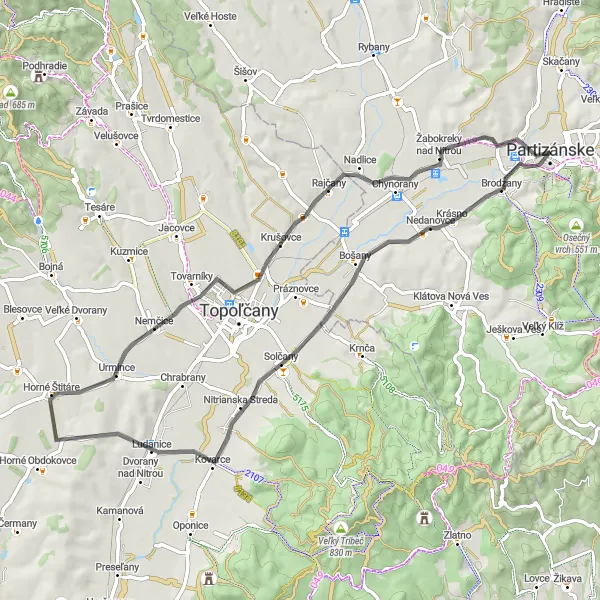 Map miniature of "Partizánske Road Tour" cycling inspiration in Západné Slovensko, Slovakia. Generated by Tarmacs.app cycling route planner