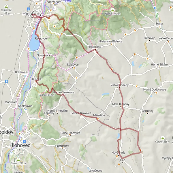 Miniaturní mapa "Adrenalinová gravelová trasa kolem Piešťan" inspirace pro cyklisty v oblasti Západné Slovensko, Slovakia. Vytvořeno pomocí plánovače tras Tarmacs.app