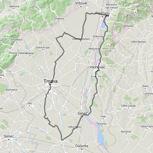 Map miniature of "The Piestany Loop" cycling inspiration in Západné Slovensko, Slovakia. Generated by Tarmacs.app cycling route planner