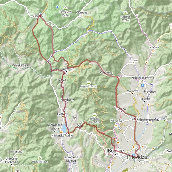 Map miniature of "Bojnický zámok Adventure" cycling inspiration in Západné Slovensko, Slovakia. Generated by Tarmacs.app cycling route planner