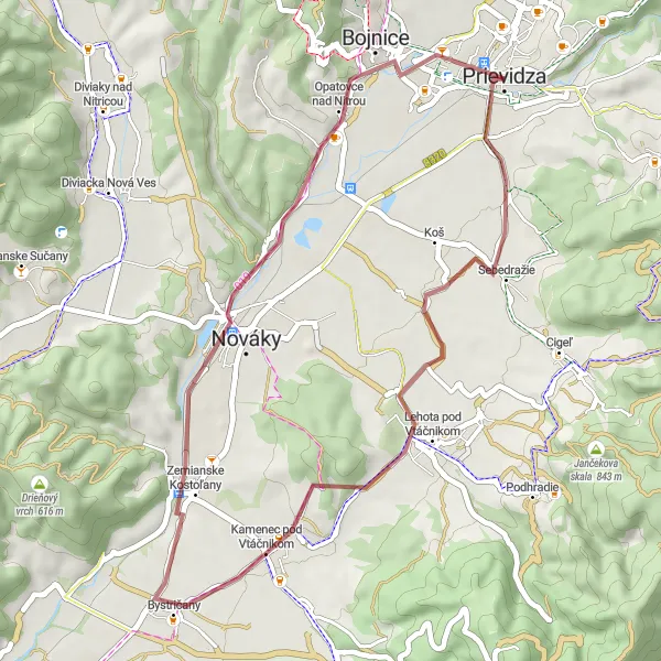 Mapa miniatúra "Gravelova jazda k Zrkadlu a Bojniciam" cyklistická inšpirácia v Západné Slovensko, Slovakia. Vygenerované cyklistickým plánovačom trás Tarmacs.app