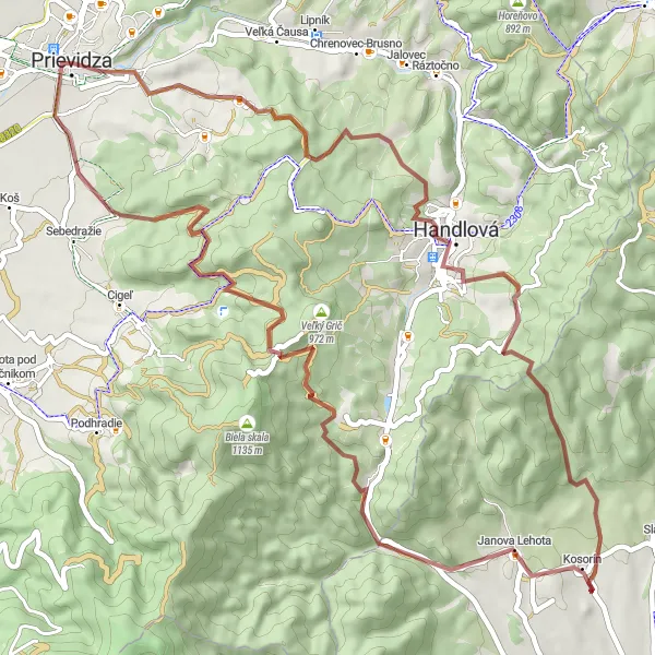 Mapa miniatúra "Gravelová cyklotrasa cez Jelení vrch a Veľký Grič" cyklistická inšpirácia v Západné Slovensko, Slovakia. Vygenerované cyklistickým plánovačom trás Tarmacs.app