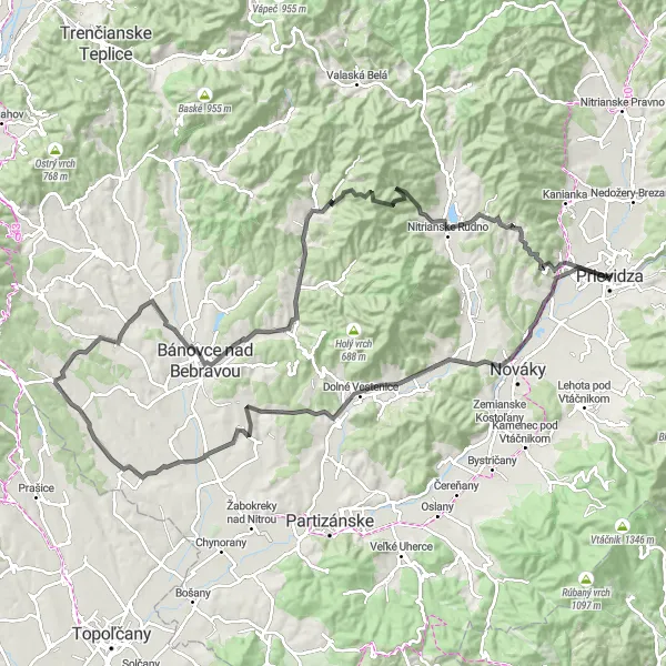 Map miniature of "Through the Hills of Prievidza" cycling inspiration in Západné Slovensko, Slovakia. Generated by Tarmacs.app cycling route planner