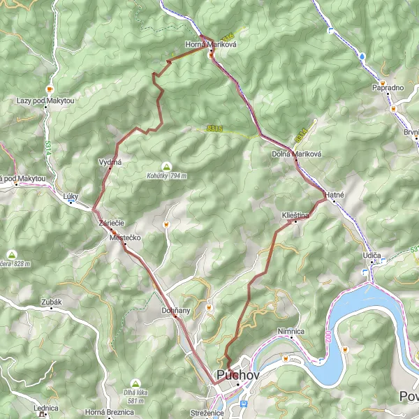 Map miniature of "Púchov Discovery" cycling inspiration in Západné Slovensko, Slovakia. Generated by Tarmacs.app cycling route planner