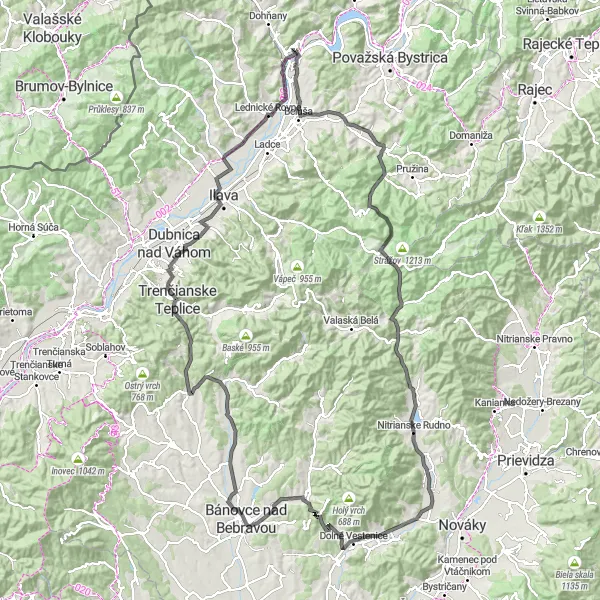 Map miniature of "Púchov - Uhrovec Loop" cycling inspiration in Západné Slovensko, Slovakia. Generated by Tarmacs.app cycling route planner