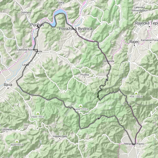 Miniaturní mapa "Road okruh do kopcovitého terénu" inspirace pro cyklisty v oblasti Západné Slovensko, Slovakia. Vytvořeno pomocí plánovače tras Tarmacs.app