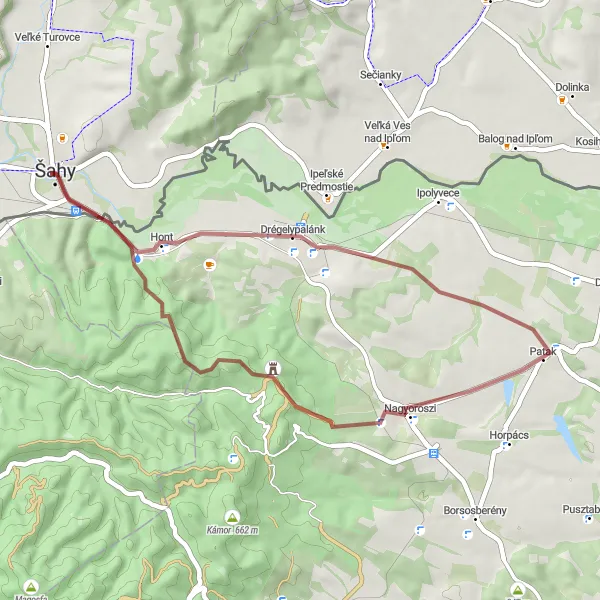 Miniaturní mapa "Gravelokruh kolem Šahy" inspirace pro cyklisty v oblasti Západné Slovensko, Slovakia. Vytvořeno pomocí plánovače tras Tarmacs.app