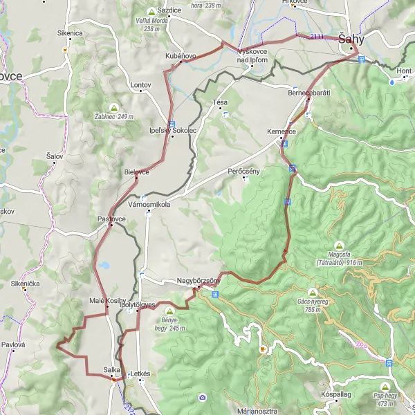 Miniaturní mapa "Gravelová okružní cyklotrasa zahajující se poblíž Šahy" inspirace pro cyklisty v oblasti Západné Slovensko, Slovakia. Vytvořeno pomocí plánovače tras Tarmacs.app