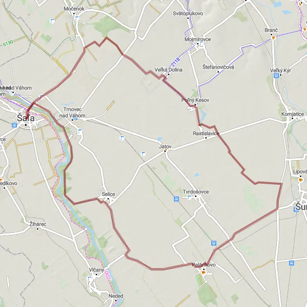 Mapa miniatúra "Cyklotúra okolo Šaľy a okolia" cyklistická inšpirácia v Západné Slovensko, Slovakia. Vygenerované cyklistickým plánovačom trás Tarmacs.app