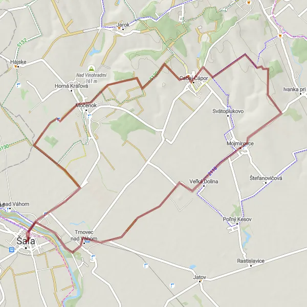 Map miniature of "Roaming through Mojmírovce" cycling inspiration in Západné Slovensko, Slovakia. Generated by Tarmacs.app cycling route planner