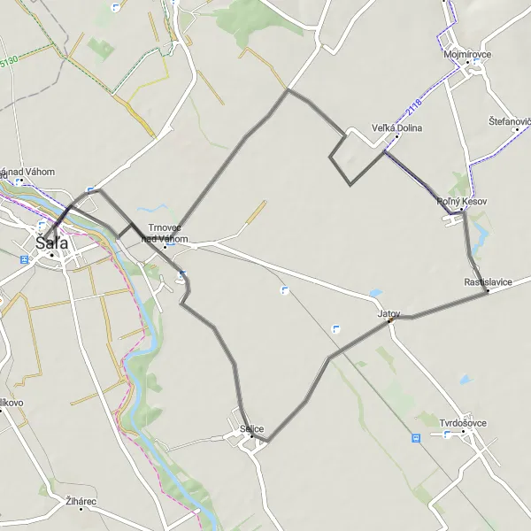 Map miniature of "Šaľa Cycling Route 1" cycling inspiration in Západné Slovensko, Slovakia. Generated by Tarmacs.app cycling route planner