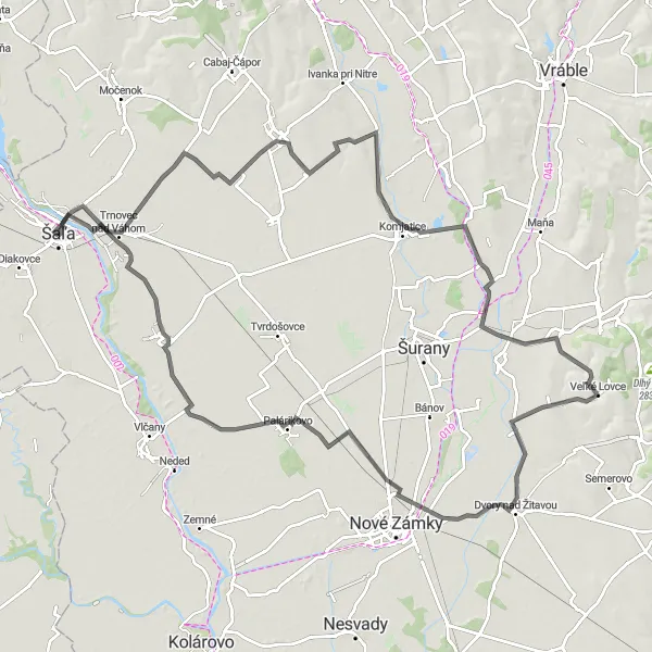 Map miniature of "Veľká Dolina - Černík - Veľké Lovce - Dvory nad Žitavou - Kostolec - Palárikovo - Selice - Veča Loop" cycling inspiration in Západné Slovensko, Slovakia. Generated by Tarmacs.app cycling route planner