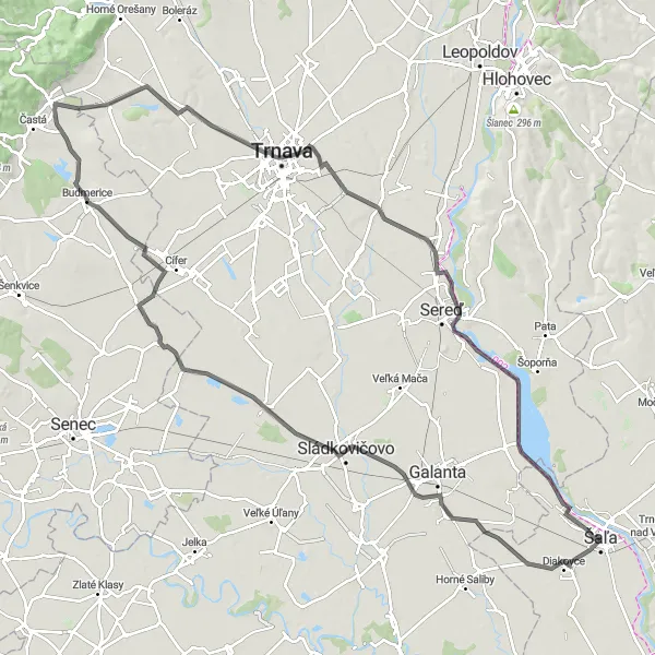 Mapa miniatúra "Západný okruh kolesovej trasy" cyklistická inšpirácia v Západné Slovensko, Slovakia. Vygenerované cyklistickým plánovačom trás Tarmacs.app