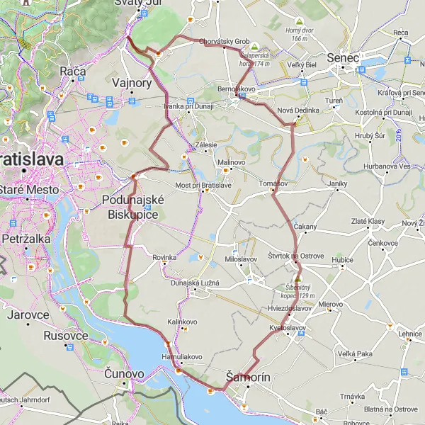 Map miniature of "The Hidden Gems Gravel Loop" cycling inspiration in Západné Slovensko, Slovakia. Generated by Tarmacs.app cycling route planner