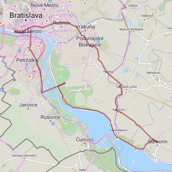 Map miniature of "Exploring the Danube Delta" cycling inspiration in Západné Slovensko, Slovakia. Generated by Tarmacs.app cycling route planner