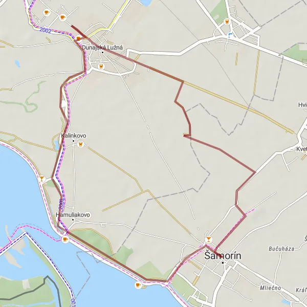 Map miniature of "The Dunajská Lužná Gravel Loop" cycling inspiration in Západné Slovensko, Slovakia. Generated by Tarmacs.app cycling route planner