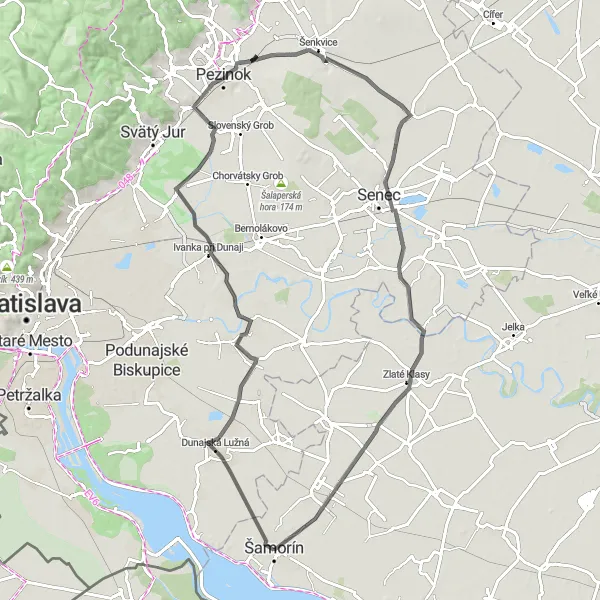 Map miniature of "Šamorín to Kvetoslavov Road Route" cycling inspiration in Západné Slovensko, Slovakia. Generated by Tarmacs.app cycling route planner