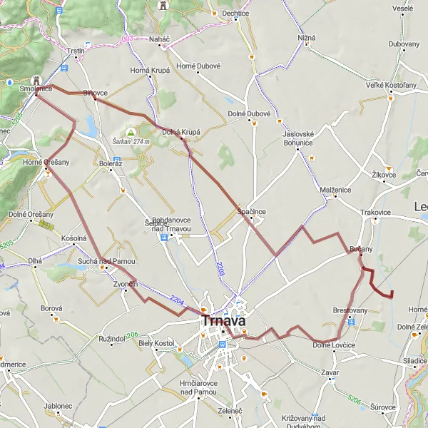 Map miniature of "Gravel Adventure to Trnava" cycling inspiration in Západné Slovensko, Slovakia. Generated by Tarmacs.app cycling route planner