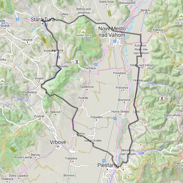 Mapa miniatúra "Cesta po silnici cez Nové Mesto nad Váhom a Vaďovce" cyklistická inšpirácia v Západné Slovensko, Slovakia. Vygenerované cyklistickým plánovačom trás Tarmacs.app