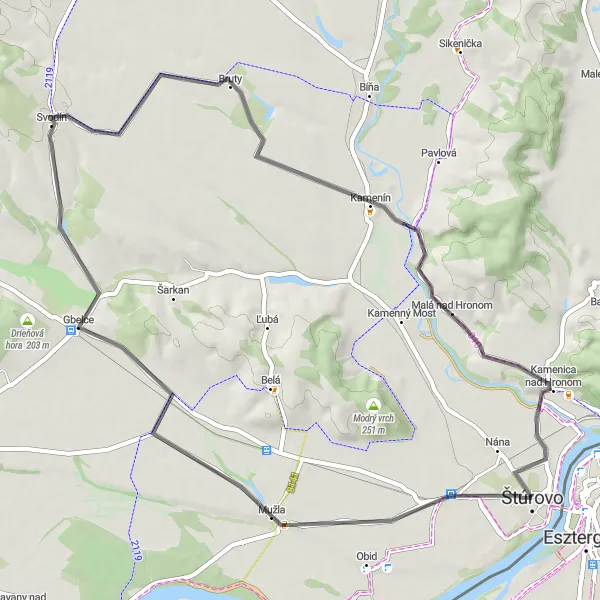 Miniaturní mapa "Kruhová cesta přes Mužlu" inspirace pro cyklisty v oblasti Západné Slovensko, Slovakia. Vytvořeno pomocí plánovače tras Tarmacs.app