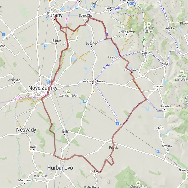 Miniaturní mapa "Gravel Road to Dolný Ohaj" inspirace pro cyklisty v oblasti Západné Slovensko, Slovakia. Vytvořeno pomocí plánovače tras Tarmacs.app
