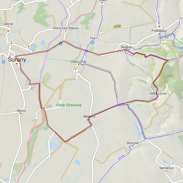 Map miniature of "Radava - Šurany Loop" cycling inspiration in Západné Slovensko, Slovakia. Generated by Tarmacs.app cycling route planner