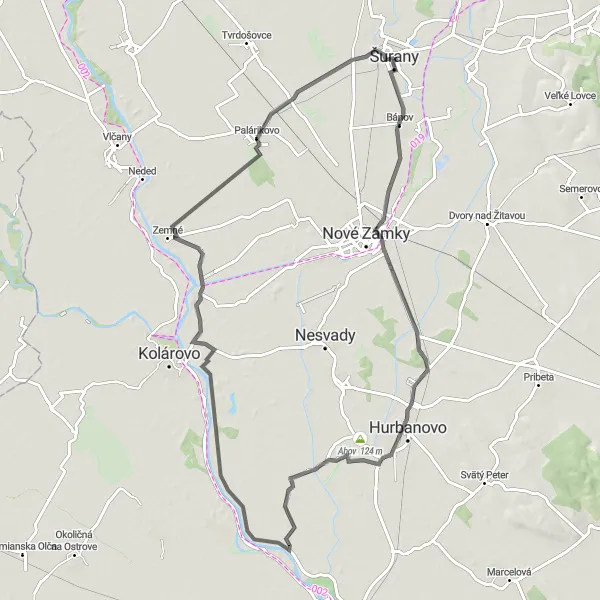 Map miniature of "Nové Zámky Round-Trip" cycling inspiration in Západné Slovensko, Slovakia. Generated by Tarmacs.app cycling route planner