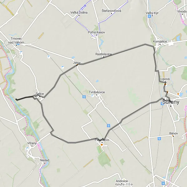 Map miniature of "Selice - Palárikovo Circuit" cycling inspiration in Západné Slovensko, Slovakia. Generated by Tarmacs.app cycling route planner